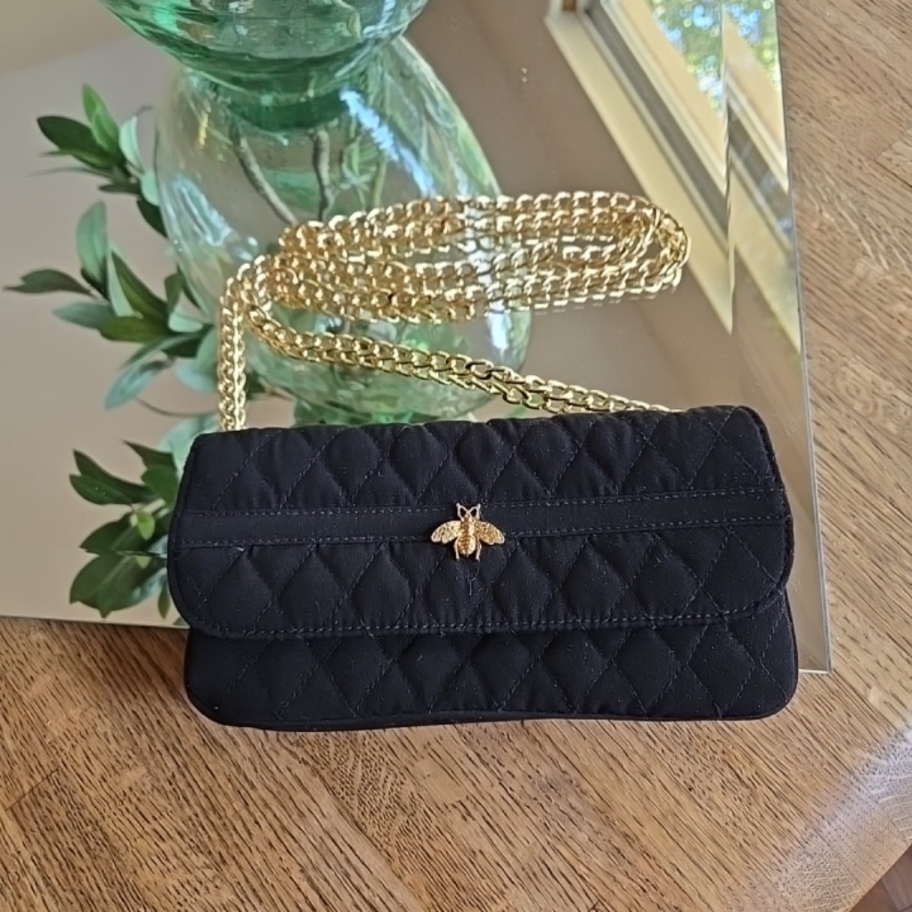 One Of A Kind Black Quilted Bag With 50"Gold Chain Upcycled Designer Gold Bee